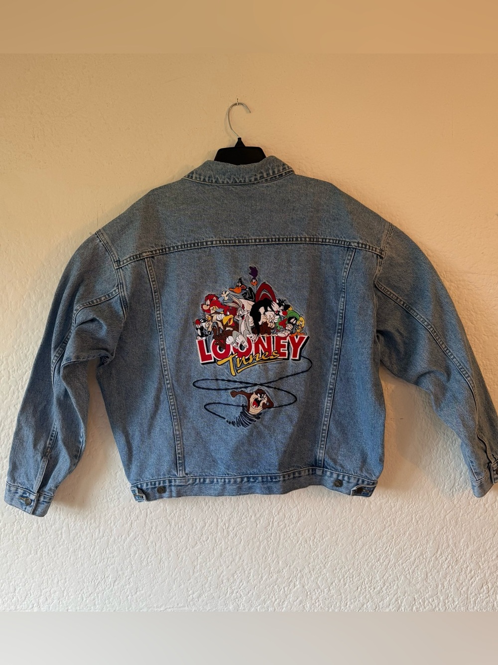 WB Warner Brothers unisex embroidered Looney Tunes Denim Jacket Blue Jean sz XXL